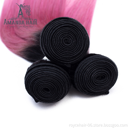 Amanda Virgin Indian Raw Temple Hair Cuticle Aligned Hair OT Color 100% Human Hair Bundles with closure 1B Pink Two Tone color
